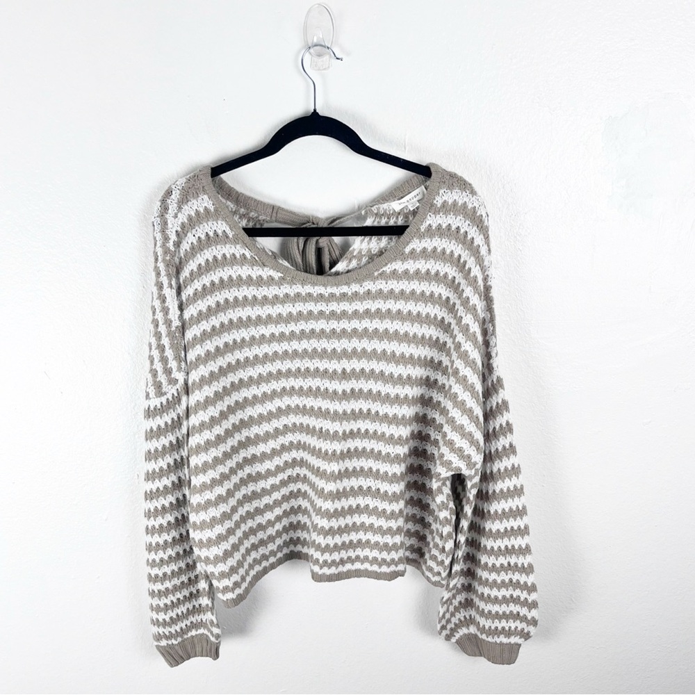 BLU PEPPER Cream Tan Striped Long Drop ShoulderSleeves Back Tie Sweater Small